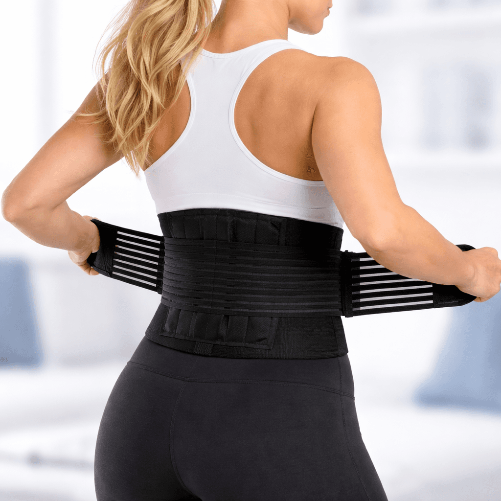Adjustable lumbar support belt with six flexible stays